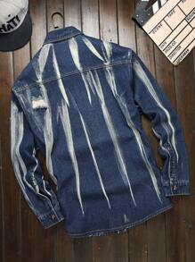 Manfinity Homme Men Allover Print Patch Pockets Button Front Ripped Casual Long Sleeve Denim Shirt, Fall - Blue - View 2