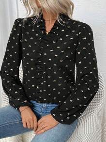 SHEIN Clasi 女士优雅休闲/通勤金箔蝴蝶结装饰印花荷叶边泡泡袖衬衫 - 黑色 - 查看 5