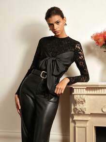 MOTF STUDIO LACE BOW FRONT SLIM FIT TEE - Black - View 12