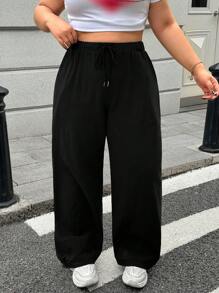 SHEIN EZwear Plus Size Elastic Waist Wide Leg Pants - Black - View 5