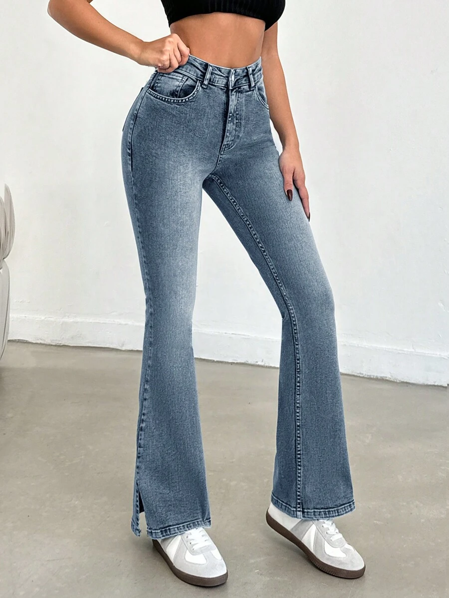 SHEIN PETITE Petite Women High Waist Slit Flare Leg Jeans - Medium Wash - View 1