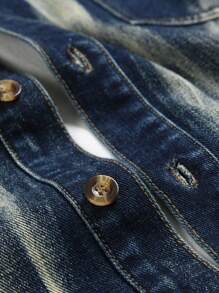 Manfinity Homme Men Allover Print Patch Pockets Button Front Ripped Casual Long Sleeve Denim Shirt, Fall - Blue - View 6