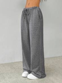 SHEIN PETITE Drawstring Waist Slant Pocket Sweatpants - Dark Grey - View 7