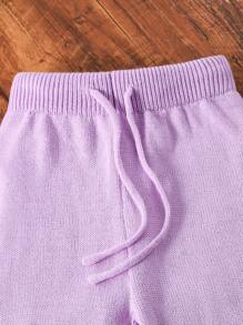 2pcs Teen Girl Casual Rib Knit Cardigan And Sweater Pants Set - Purple - View 5