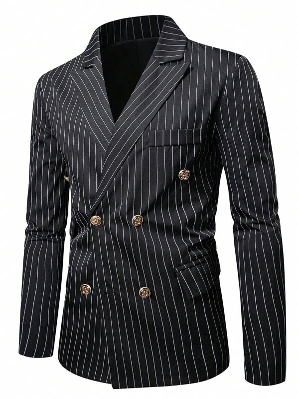 Manfinity Mode Plus Size Men's Casual Striped Blazer With Lapel And Double-Breasted Button, Autumn