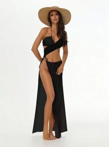 New Women's Solid Color Mesh Beach Cover-Up Swimsuit, Suitable For Summer Vacation - Black - View 3