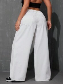 SHEIN ICON Plus Size Casual Simple Solid-Color Boyfriend Jeans - White - View 2