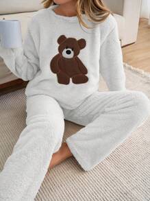 SHEIN Cottnline 2pcs Plush Bear Embroidery Detail Homewear Lounge PJ Set White And Brown White Autumn Cute Casual - White - View 3
