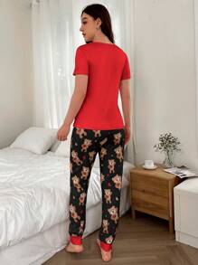 Dream Adore Conjunto de pijama con top de manga corta con estampado de oso de peluche y pantalón largo de cintura elástica
