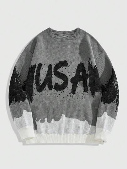Street Life Men's Crewneck Tie-Dye Letter Jacquard Sweater, American Retro Style