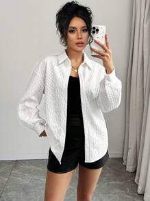 Chiquease 女式常规纹理纯色休闲夹克，秋季 - 白色 - 查看 5