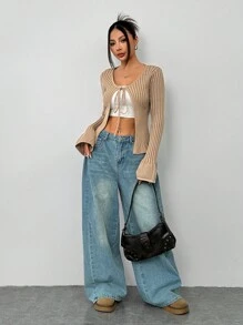 SHEIN Unity Women's Retro Ribbed Cardigan - Khaki - View 5