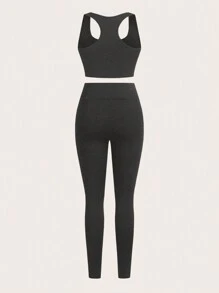 SHEIN Essnce 3 件套女士运动套装、罗纹立领半拉链长袖 T 恤、运动胸罩吊带背心、高腰紧身裤、女士深灰色服装套装、深灰色紧身裤、深灰色紧身胸衣上衣、工装裤 - 深灰色 - 查看 9