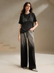 Anewsta Women's Glamorous Rhinestone Embellished Crew Neck Short Sleeve T-Shirt