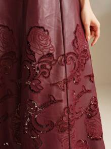 Anewsta PU 刺绣 A 字中裙，酒红色 - 酒紅色 - 查看 4