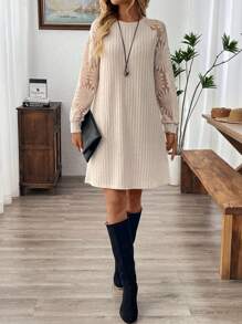 EMERY ROSE Women Casual Solid Color Jacquard Patchwork Short Mini Dress, Autumn