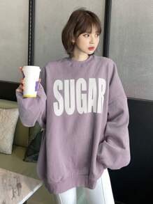 DAZY Women's Oversized Casual Big Letter Print Fleece Sweatshirt, For Spring/Autumn - Purple - View 5