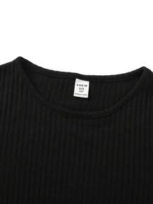 SHEIN Conjunto de 2 piezas para niña preadolescente: Top de manga larga acanalado negro y falda a cuadros rojos con lazo, adecuado para Navidad, Año Nuevo, vuelta al colegio, uso casual - Negro - Ver 9