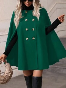 SHEIN Clasi Women's Solid Color Double-Breasted Elegant Cape Overcoat For Autumn/Winter - Green - View 1