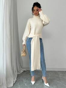 Elenzga Women's Solid Color High Neck Long Sleeve Bowknot Casual Pullover Sweater