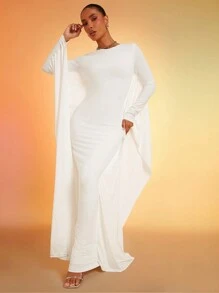 SHEIN X Scheana Hauture Abito elegante da donna a tinta unita con collo tondo, maniche a pipistrello, fit slim, lunghezza extra - Bianco - Visualizzare 3