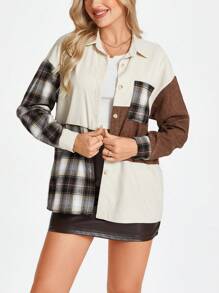 SHEIN LUNE Women's Elegant Casual Commuting Shirt With Vintage Plaid, Color Contrast, Button Collar, Pockets, Corduroy Patchwork, Suitable For Autumn And Winter