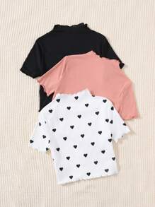 SHEIN Leap Crew 3pcs/Set Tween Girls' Solid Color Ribbed Collar Casual Short Sleeve T-Shirts - White - View 2