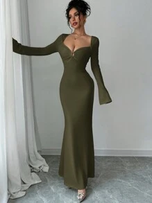 Firerie Robe casual ajustée à manches longues avec col en cœur de couleur unie pour femmes - Militaire verte - Voir 3