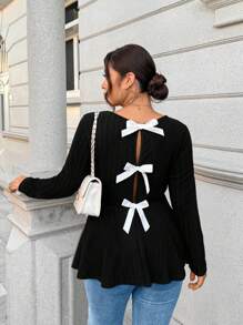 SHEIN Clasi Plus Size Crew Neck Casual Versatile Long Sleeve T-Shirt With Bow Back Decoration For Spring