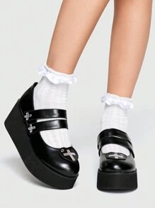ROMWE Kawaii Women Platform Round Toe Punk Style Thick Sole Buckle Strap High Heels Shoes, Black New Year Holiday