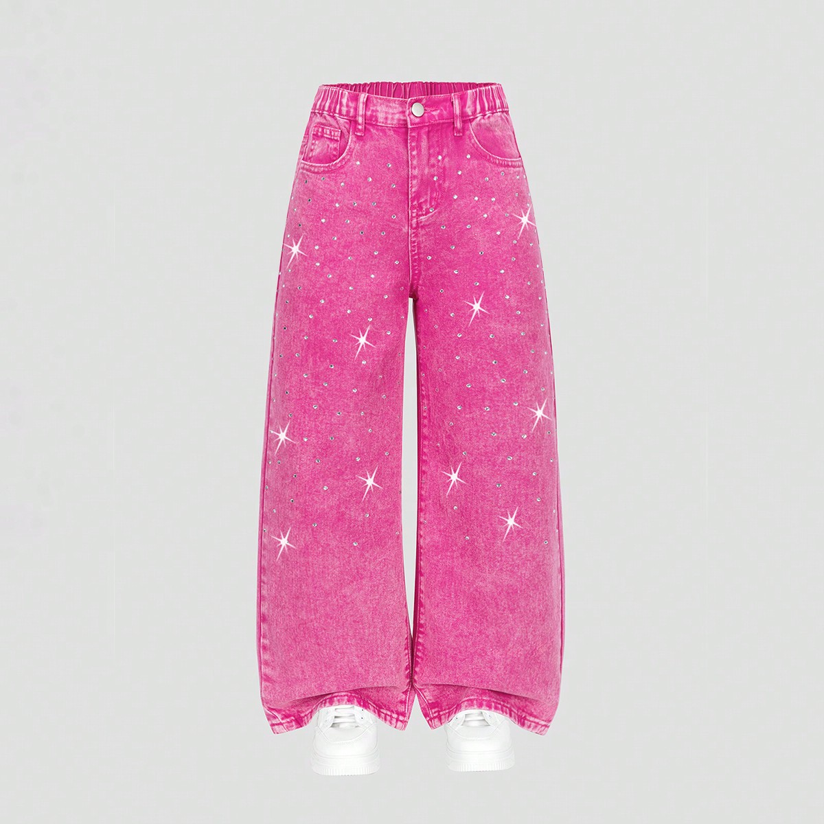 Pantalones vaqueros con rhinestones rosas estilo Y2K para niñas preadolescentes, pantalones vaqueros lavados de pierna ancha y holgados de moda casua
