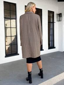 SHEIN LUNE Women's Mid-Length Double Pocket Long Sleeve Casual Jacket With Houndstooth Pattern,Long Coat