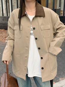 DAZY Women's Polo Collar Contrast Color Trench Coat, Solid Color Women Jacket,Fall Women Clothes - Khaki - View 2