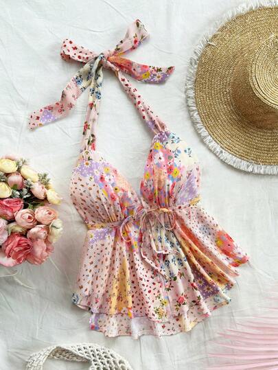 Dreamara Plus Size Women's Boho Valentine's Day Floral V-Neck Halter Backless Top, Spring Vacation, For Summer