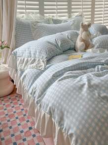 3pcs Lace Plaid Printed Bedding Set Including Duvet Cover And Pillow Shams (Without Filler), Soft And Breathable Fabric Suitable For All Seasons, Duvet Cover With Zipper For Easy Washing,Fall Decor,Autumn Decor,Room Decor - Blue - View 5