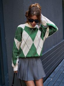 EURMUSE Women Mock Neck Diamond Pattern Drop Shoulder Pullover - Green - View 5