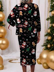 SHEIN LUNE 2pcs/Set Women Casual Santa Claus & Christmas Tree Pattern T-Shirt And Skirt Set, Suitable For Autumn & Winter