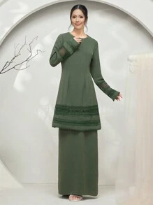 Graceveil Baju Kurung 纯色立领系带宽松简约时尚休闲日常服装适中 - 橄欖綠 - 查看 3