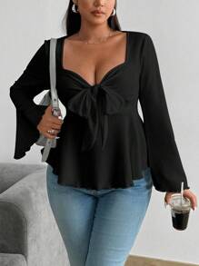 Flirla Plus Size Solid Rib-Knit Twist Front Flare Sleeve T-Shirt Fall Cloth For Women - Black - View 6