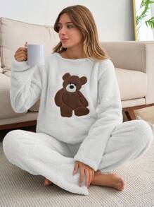 SHEIN Cottnline 2pcs Plush Bear Embroidery Detail Homewear Lounge PJ Set White And Brown White Autumn Cute Casual - White - View 4