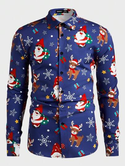 Manfinity NXTstreet Men's Woven Turndown Collar Button Front Christmas Graphic Print Casual Shirt, Suitable For Autumn, Christmas