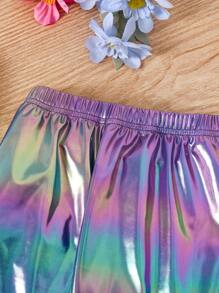 Girls Casual Y2K All-Match Solid Color Smile Face White Crew Neck T-Shirt + Ombre Metallic Color Gradient Pants Two Pieces Set - Multicolor - View 5