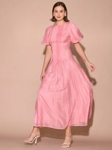 Enchnt Spring/Summer Romantic Elegant Women's Solid Color Round Neck Bubble Pleat Dress, Sweet&Elegant, For Romantic Dinner Dates,Holiday Dresses,Wedding  Women Dress,Afternoon Tea Dress,New Years Dress,Vacation Dress,Valentine's Day Dress,For Birthday&Holiday Party &Sweet Date Night&Prom&Wedding&Garden Parties - Pink - View 5