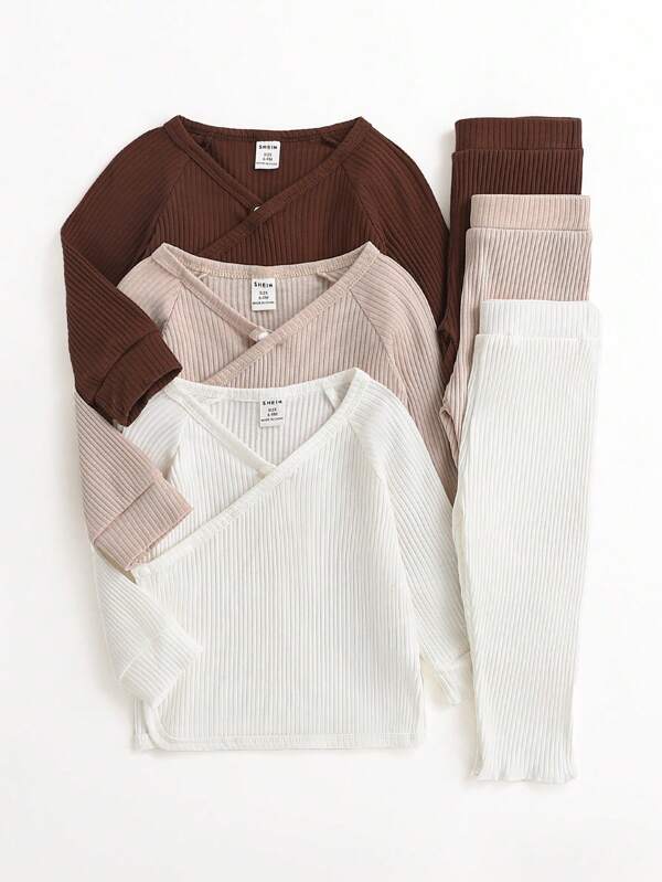 SHEIN 3 pièces/Ensemble Top à manches longues et pantalon en tricot rayé ample et décontracté Hanfu pour bébés garçons, tenue de moine, automne/hiver