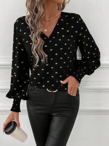 SHEIN Clasi Women's V-Neck Long Sleeve Butterfly Print Blouse, Casual Everyday Wear Glittery Dress