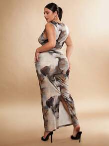 SHEIN BAE 1 Set Plus Size Women Elegant Sleeveless Printed Tank Top And Printed Long Skirt Two-Piece Set, Minimalist Design, Tight Fit, Suitable For Christmas, Fall Season Valentine's Day For Summer