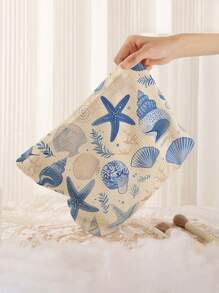 1pc Portable Makeup Bag With Seashell And Starfish Pattern, Double Sided Printing, Travel Zipper Cosmetic Bag, Multi-Functional Toiletry Organizer,Fall Decor,Autumn Decor,Room Decor