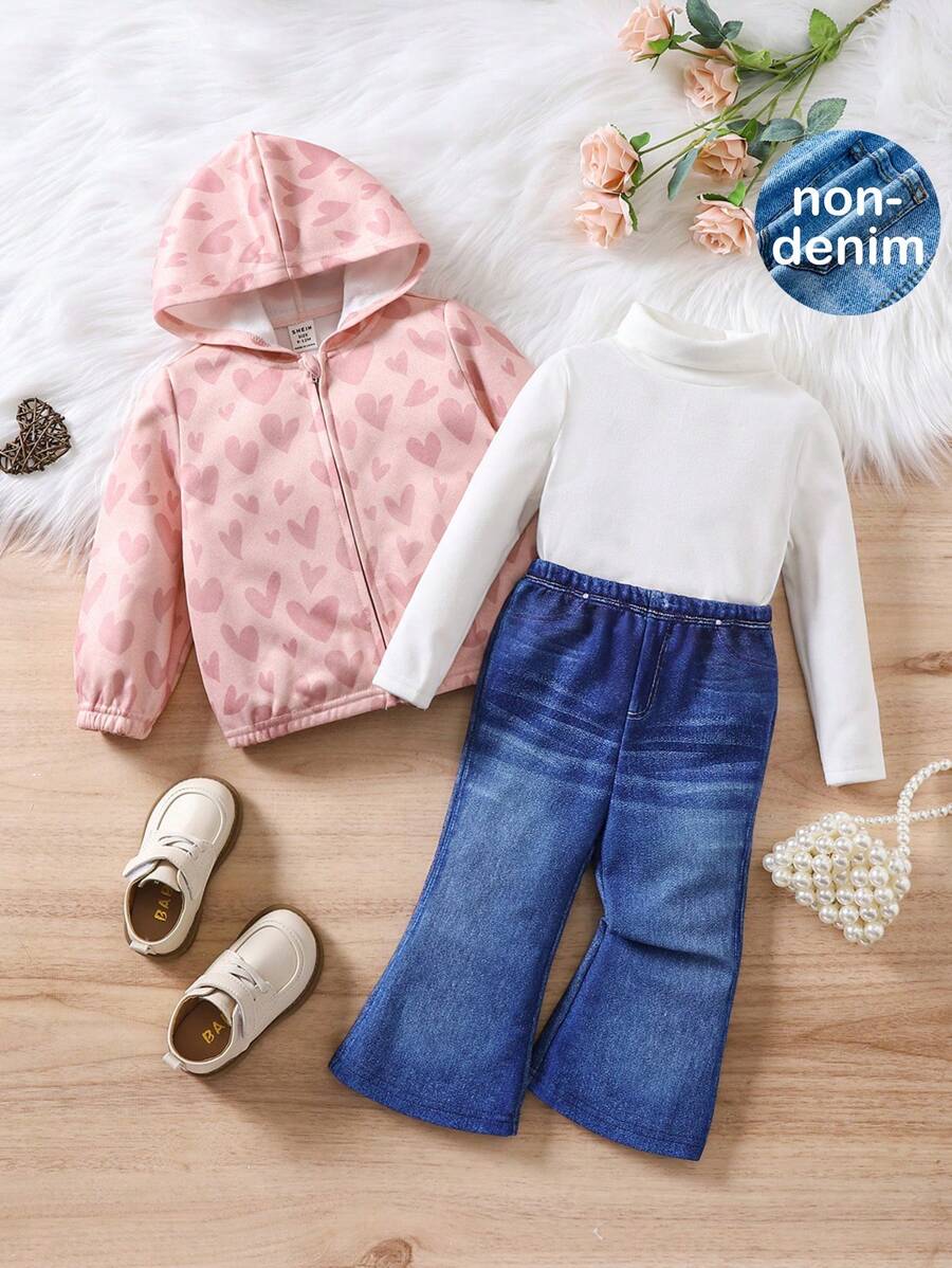 SHEIN Bộ đồ 2 món cho bé gái: Áo khoác cardigan dài tay họa tiết trái tim đa năng giản dị và quần ống loe dệt kim - trắng - Xem 1