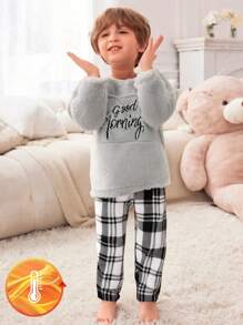 Young Boy Logo Embroidery Fleece Crew Neck Long Sleeve Top And Plaid Pants Casual Pajama Set - Grey - View 3