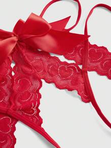 ROMWE 浪漫情人节蝴蝶结装饰文胸和内裤内衣套装带钢圈、蕾丝设计 - 紅色 - 查看 5